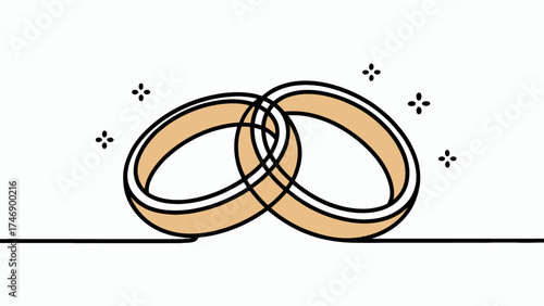 Two gold wedding rings intertwined symbolizing eternal love and commitment with sparkling accents on a white background representing unity