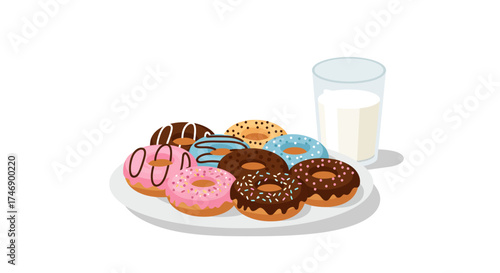A plate of donuts beside a glass of milk