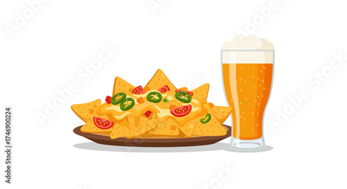 A plate of nachos topped with cheese tomatoes and jalapeños beside a glass of beer