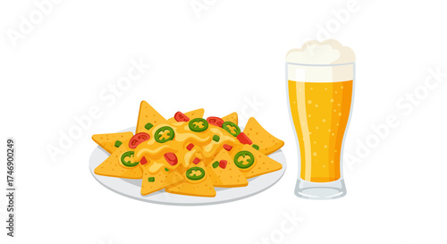 A plate of nachos with jalapeños and tomatoes next to a glass of beer