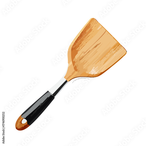 Wooden cooking spatula with black handle, a versatile kitchen utensil for flipping and serving food