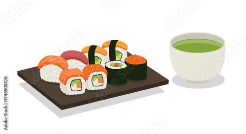 A sushi platter features assorted sushi pieces accompanied by a teacup of green tea set against a plain background
