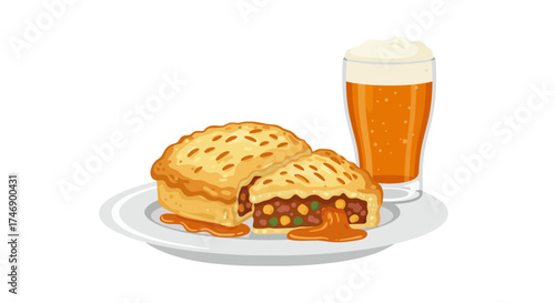 An illustration featuring meat pie and a pint of beer on a plate