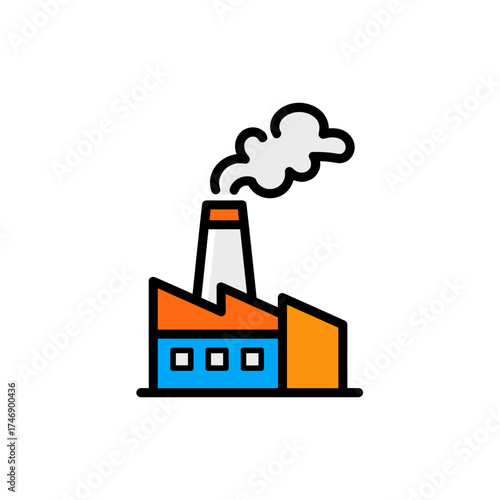 A colorful, flat design illustration depicts an industrial factory with a smokestack emitting pollution, representing environmental concerns and manufacturing.