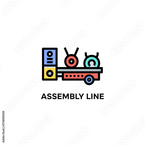 A colorful illustration depicts an assembly line, showcasing the concept of production and manufacturing with various components and a modern design on a white background.