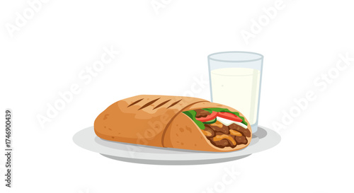 A wrap on a plate with milk in a glass