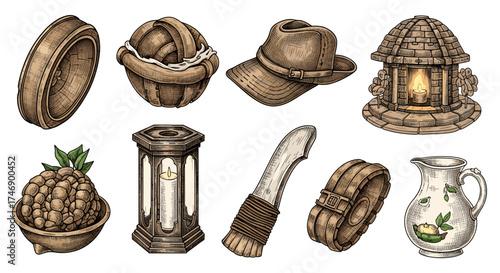 Collection of Rustic Illustrations: Pottery, Lighting, and Accessories on White Background