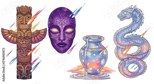 Mystical objects with magic and cosmic influence on a white background