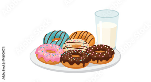An illustration of donuts on a plate and a glass of milk