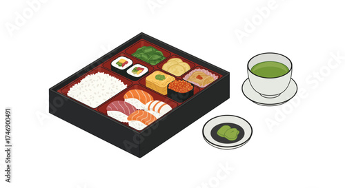 Bento box featuring sushi rice and matcha tea with pickled ginger