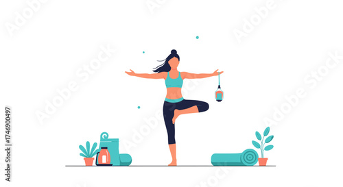 An illustration of a woman practicing yoga in a tree pose, surrounded by yoga equipment and plants, representing a healthy lifestyle and mindfulness in a minimalist style.
