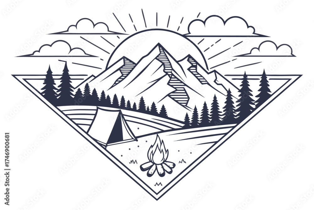 Obraz premium landscape, mountains, forest, campfire, sun, clouds, geometric, outdoors, nature, line art, silhouette, minimalist, retro, badge