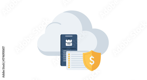 A digital illustration depicting cloud computing, data security, and financial protection, with a shield, mobile device, and checklist elements against a white backdrop.