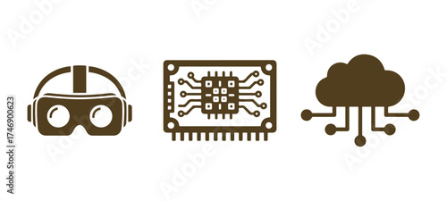 Virtual Reality Headset Microchip and Cloud Computing Icons goggles technology
