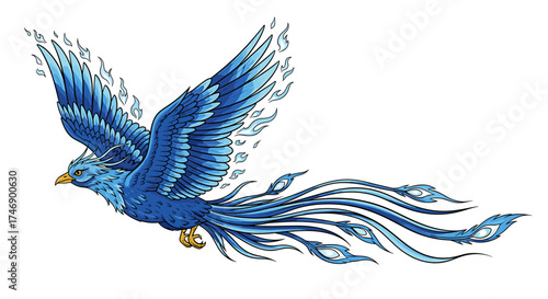Striking blue phoenix soaring with flames and flowing tail feathers.