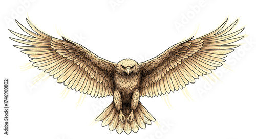 Golden Eagle Spreads Wings Isolated Against White Background Artistically