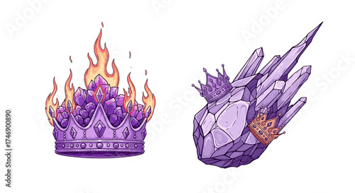 Crystal Royalty: Flaming Crown and Crowned Crystals Cartoon Style Illustrations