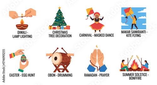 Diverse illustrations depict various cultural celebrations and festive activities including Diwali lamp lighting, Christmas tree decoration, carnival masked dance, and kite flying, showcasing global
