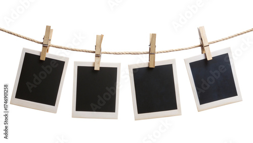 Four Blank Instant Photo Frames Hanging on Rope – Empty Polaroid Gallery Mockup PNG