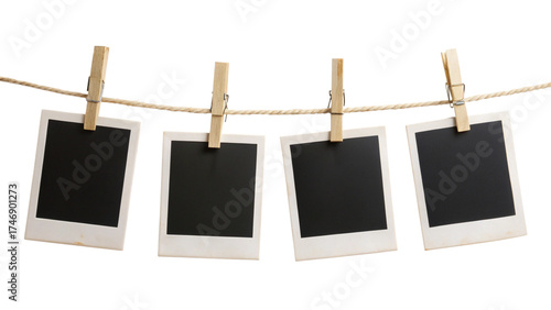 Four Blank Instant Photo Frames Hanging on Rope – Empty Polaroid Gallery Mockup PNG