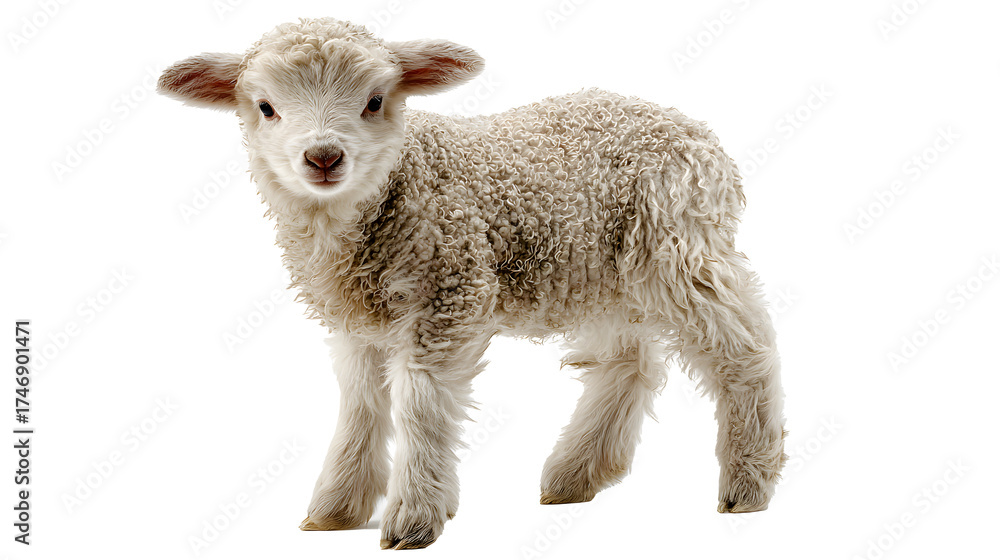 Fototapeta premium Adorable lamb standing on white background