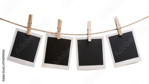 Four Blank Instant Photo Frames Hanging on Rope – Empty Polaroid Gallery Mockup PNG