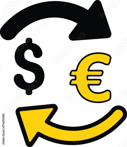 Currency exchange symbol showing dollar and euro with arrows symbolizing finance