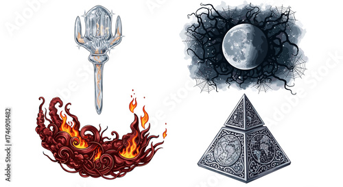 Mystical Artefacts: An Illustration of a Silver Dagger, Fire, Moon, and Pyramid
