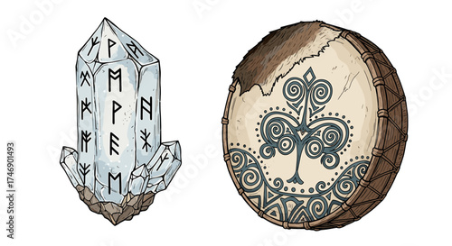 Crystal Rune Stone and Shamanic Drum: Spiritual Instruments Isolated