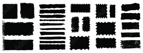 Hand Drawn Grunge Stamp and Brush Stroke Vector Set. Black Distressed Rectangular Elements with Rough Edges and Textured Lines. Abstract Graphic Assets for Overlays, Frames, and Vintage Design.