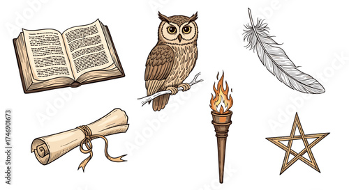 Mystical elements illustration: owl, book, feather, pentagram, scroll and torch