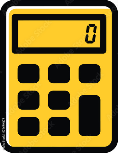 Bright yellow doodle art like calculator icon with a digital display showing zero and large black buttons