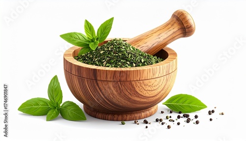 A realistic wooden spice mortar bowl with pestle and crushed herbs visible isolated on white background

