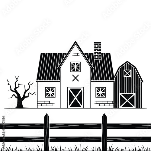 Barn with fence vector icon illustration of farmhouse property design