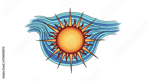 Striking sun bursts with energetic waves against a pristine white background.