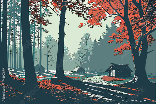  moody dark forest, sunlight shining through trees, small cabins or tents in a clearing, autumn leaves, atmospheric landscape, digital art, fantasy, cinematic, highly detailed, vibrant colors