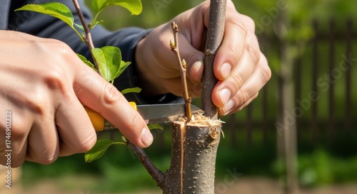 Medium shot focusing on cleft grafting where a knife is used to prepare rootstock for joining scion tissue set outdoors.