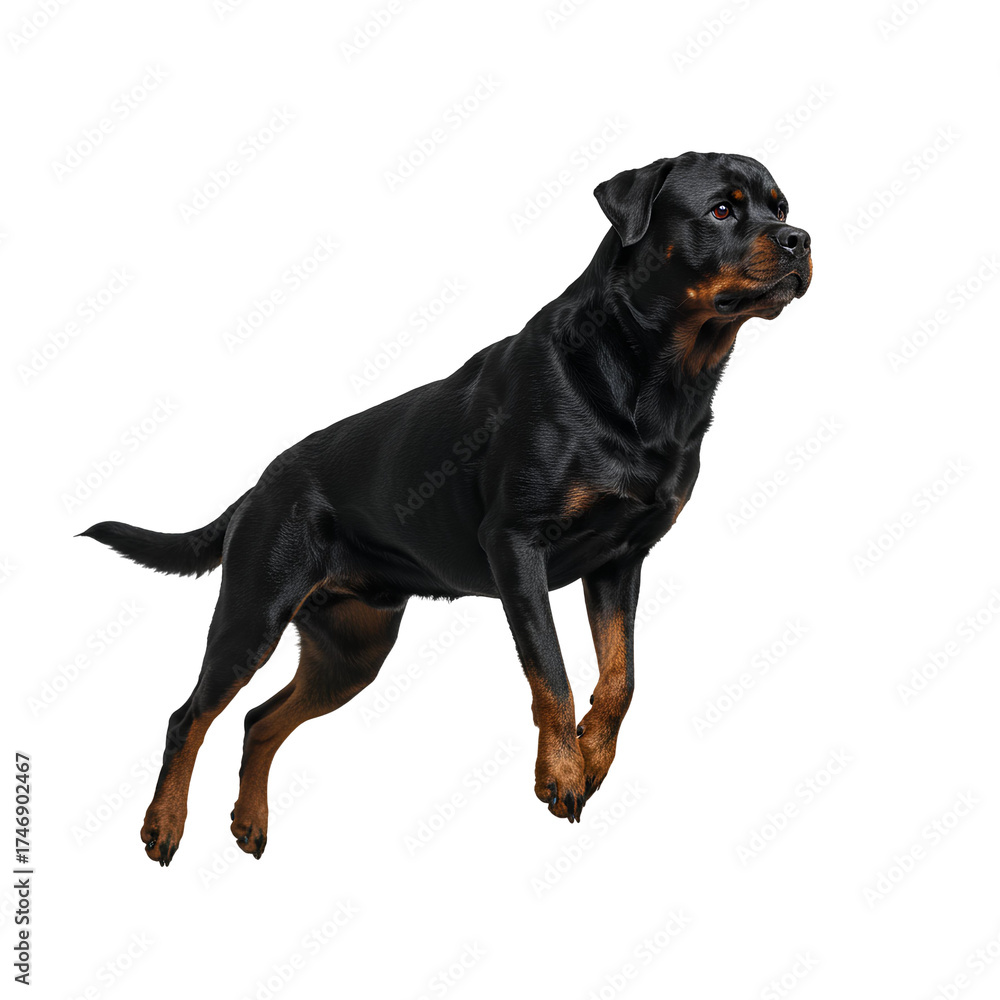 Obraz premium Rottweiler dog jumping PNG. Black Rottweiler dog caught mid air in jump pose isolated. Cute dog for animal and pet visuals PNG
