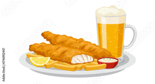Fish and chips with a beer and a lemon served on a white plate