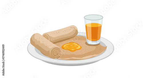 Ethiopian Injera with rolls honey  orange drink on a white plate