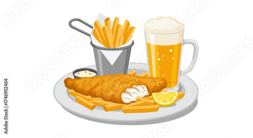 Fish and chips with beer fried fish fries in a pail lemon slice and a mug of foamy beer on a gray plate