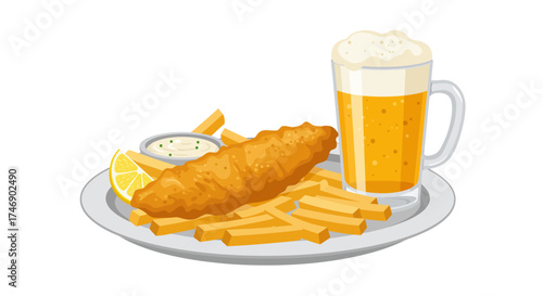 Fish and chips with lemon and beer on a white background