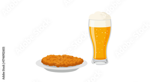 Fried schnitzel on a plate beside a foamy beer glass against a white backdrop