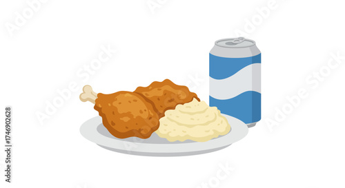 Fried chicken mashed potatoes and soda can on a white plate against a plain background