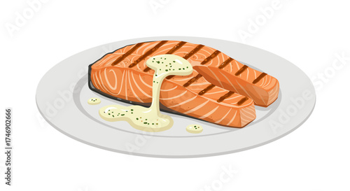 Grilled salmon with creamy sauce on a white plate