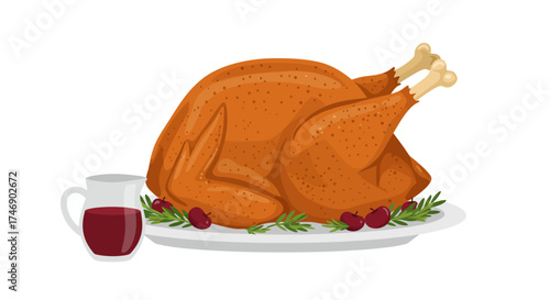 Goldenbrown turkey garnished with rosemary and cranberries sits on a plate beside a pitcher of red liquid