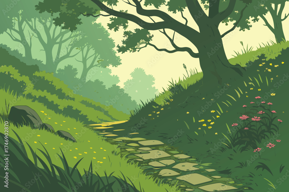 Fototapeta premium a pathway through a lush green forest, detailed rocky path winding through tall grass and wildflowers, dappled sunlight filtering through the canopy of trees, serene and tranquil atmosphere, vibran