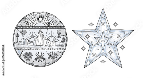 Ancient Stone Medallion Beside an Ethereal Crystal Star Art Illustration