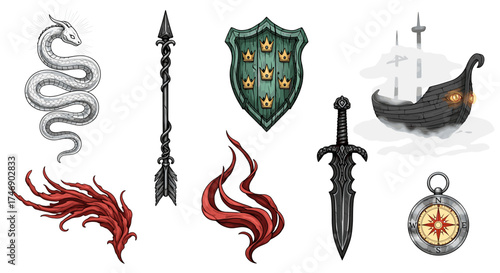 Fantasy Adventure Game Icons: Dragon, Ship, Shield and More.