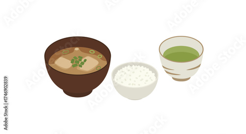 Miso soup rice  green tea are arranged in bowls on a white background The soup has tofu  scallions
